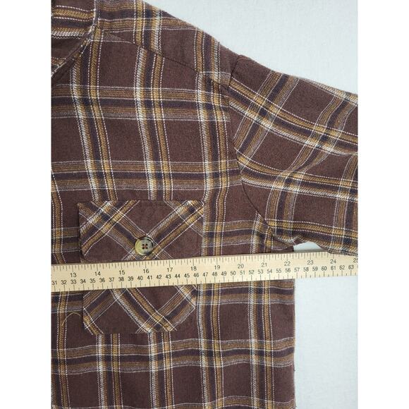 Democracy Women’s Plaid Flannel Shacket Brown L Relaxed Fit Raw Hem Preppy Cozy - Picture 8 of 12